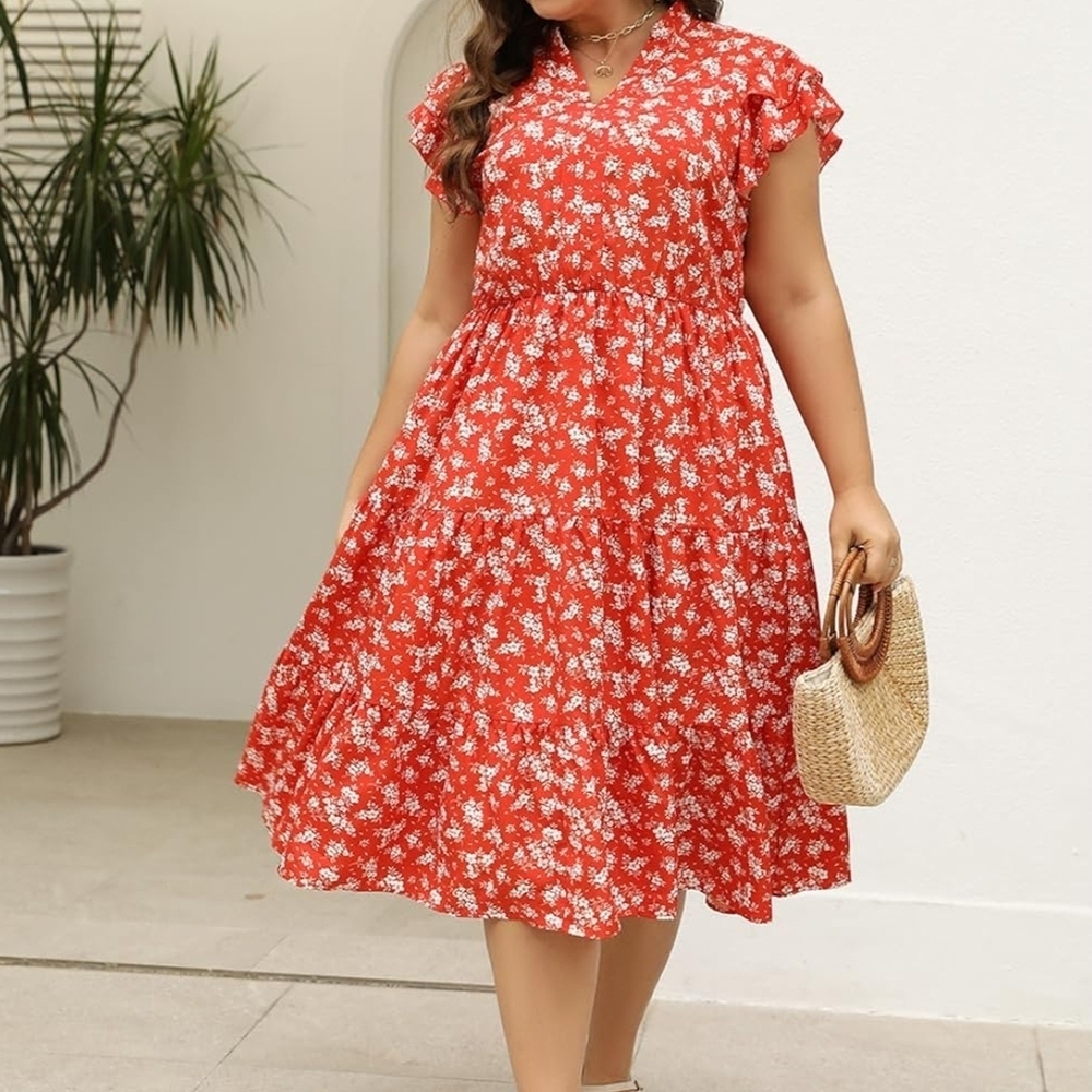 Keluummi Plus Size Wedding Guest Midi Dresses for Curvy Women, Summer Casual Flo